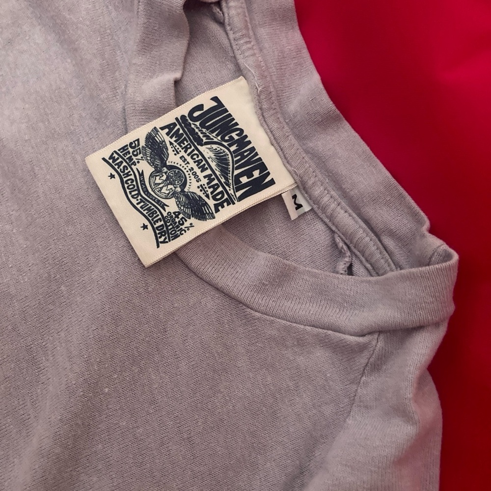 Jungmaven 3/4 raglan in Medium, lilac 55% hemp 45% cotton, made in USA